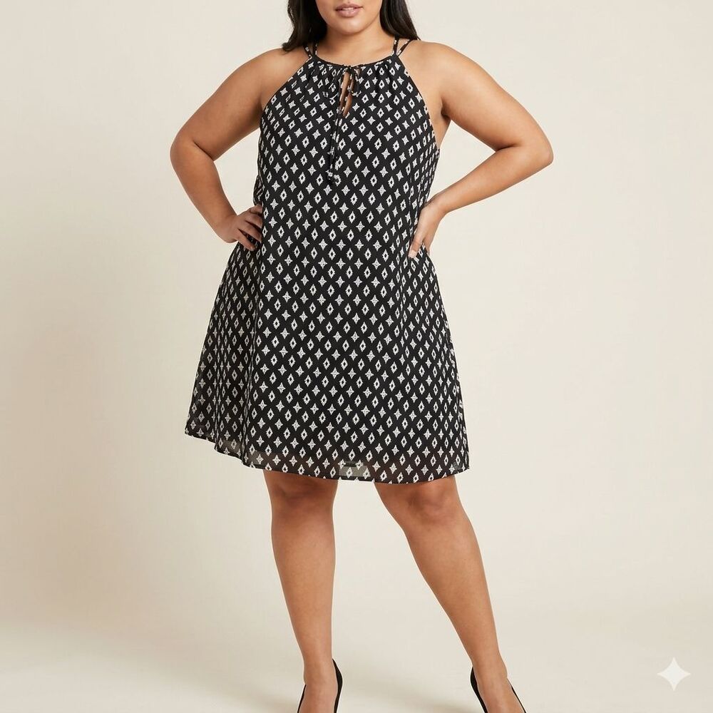 As U Wish Ikat High-Neck Halter Dress Geometric Diamond Print Black White Sz 2X